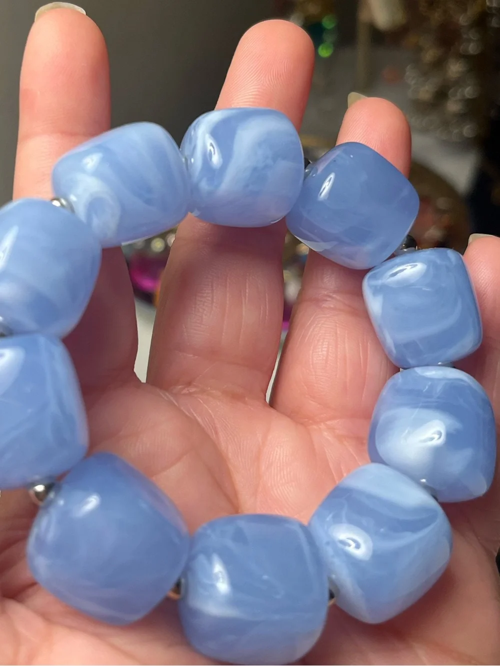 Chunky Blue Marbled Statement Stretch Bracelet